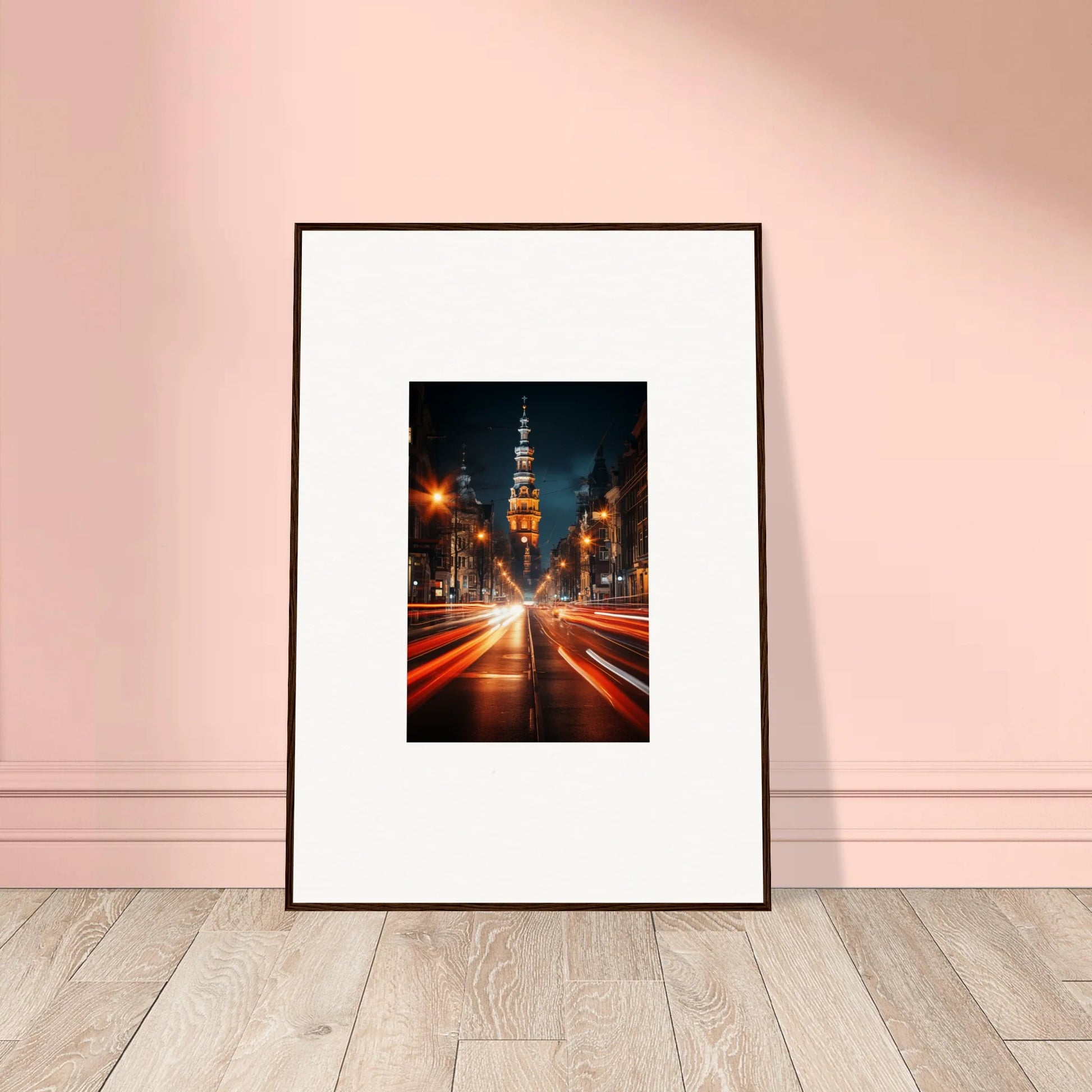 Framed Umbra Urban Nocturne art of a city street at night with light trails and church spire