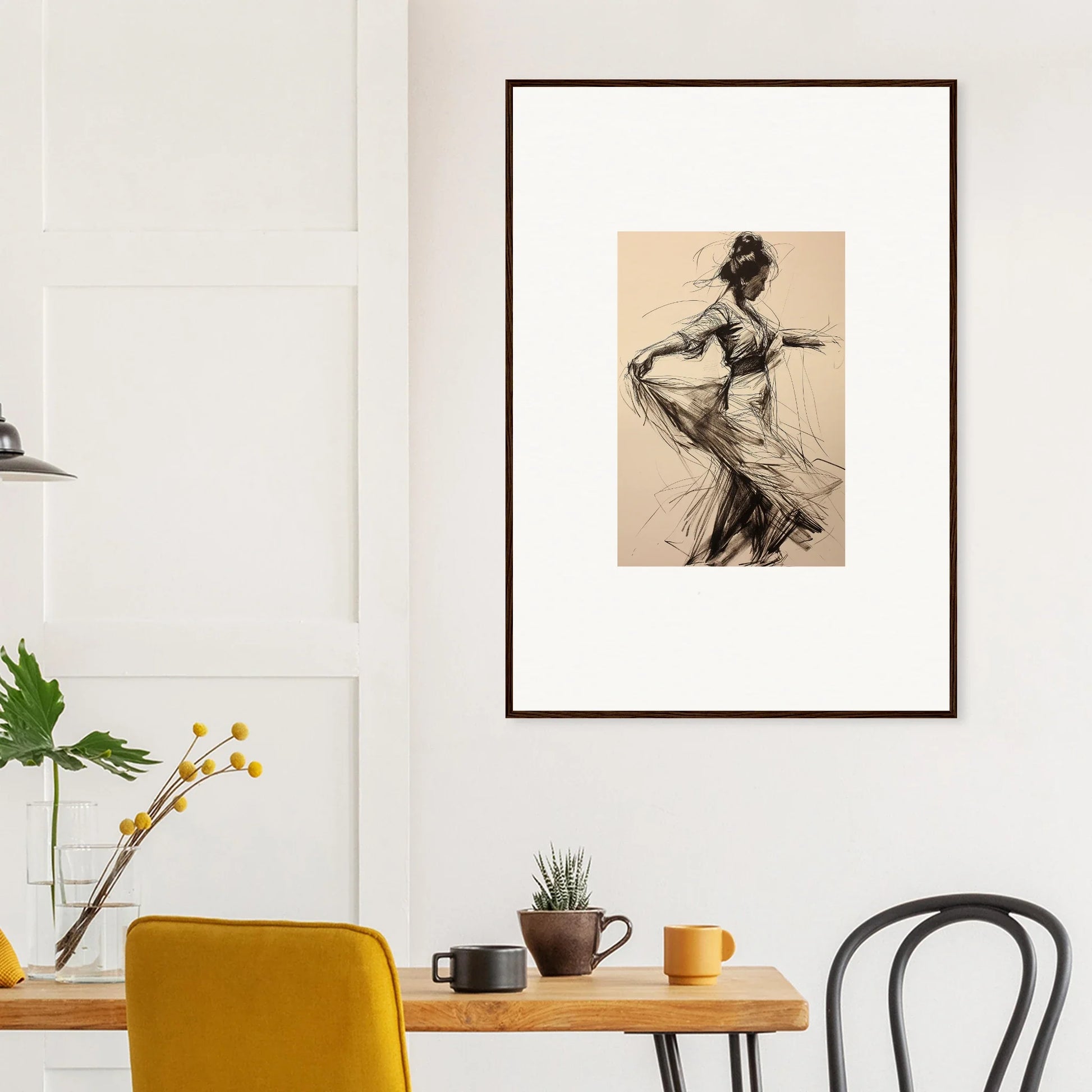 Framed charcoal sketch of a dancer in flowing dress from Ephemeral Whirling Arcade