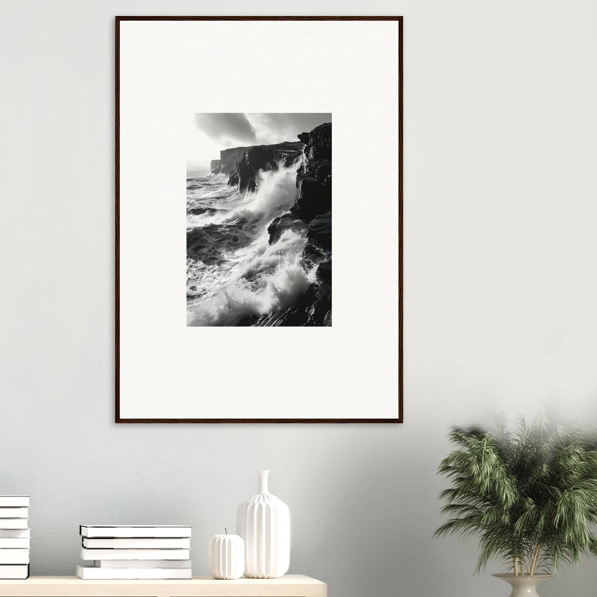 Framed black and white photo of ocean waves, perfect for Rock Impressions’ premium wall art