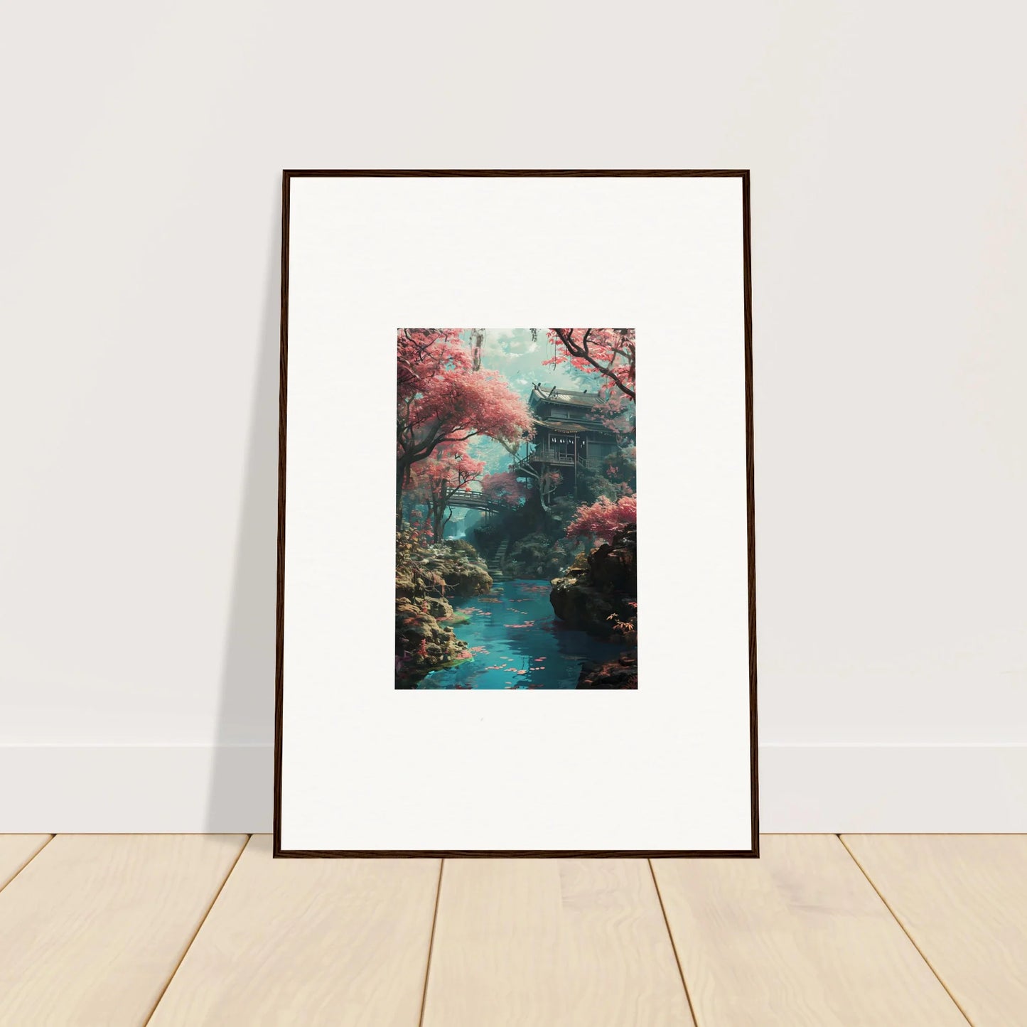 Framed wall art of a Japanese pagoda among cherry blossoms by a stream, Magenta Spirals Oscillate