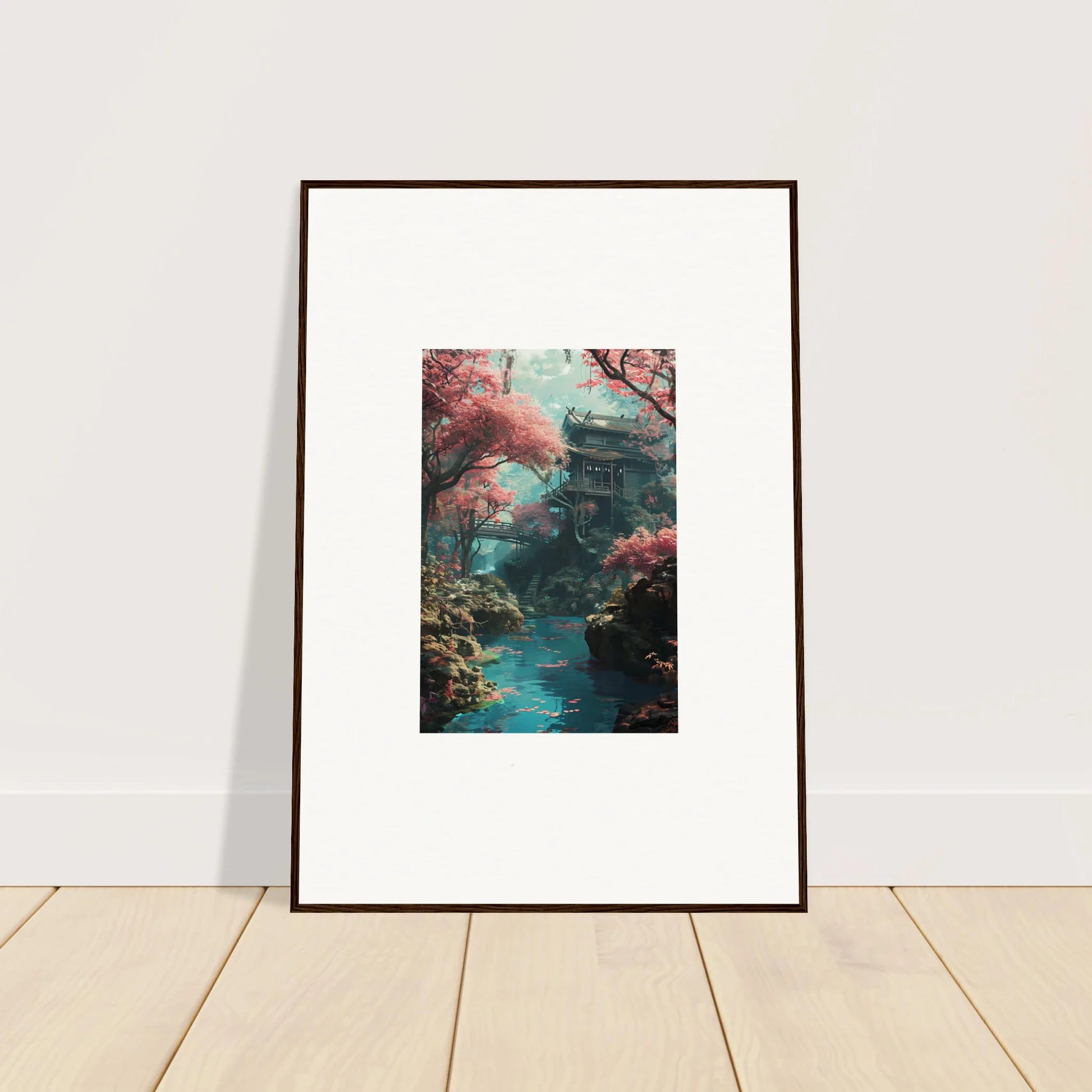 Framed wall art of a Japanese pagoda among cherry blossoms by a stream, Magenta Spirals Oscillate