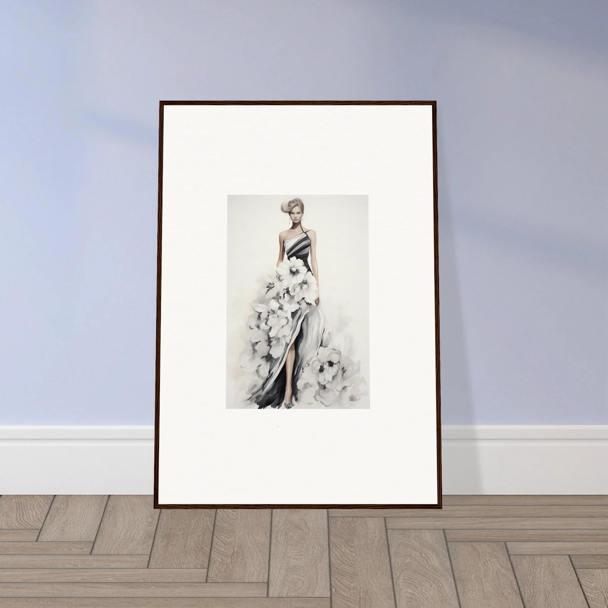 Framed black and white fashion illustration of an elegant gown in Dreamy Blossom Mirage