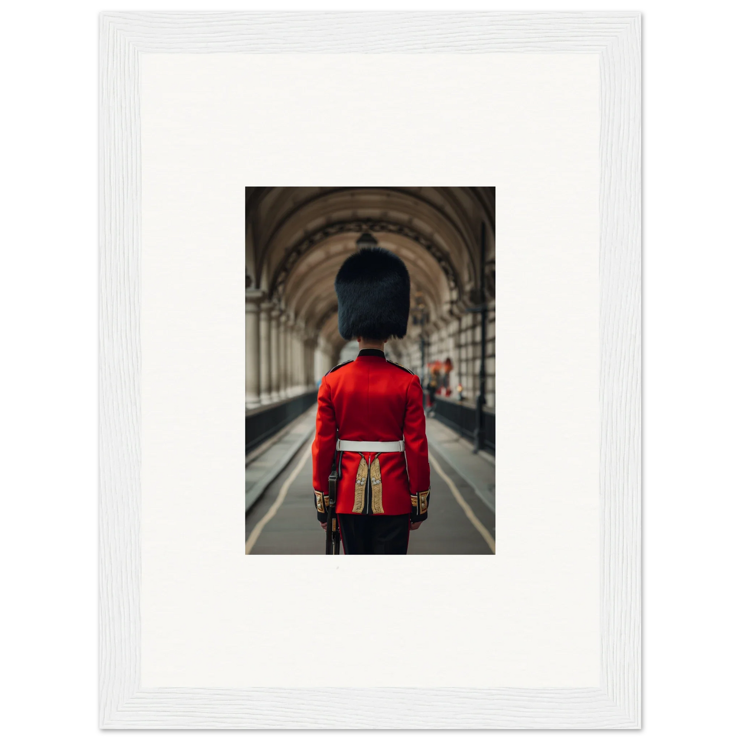 Royal guard in red uniform and bearskin hat featured in Scarlet Temporal Century art