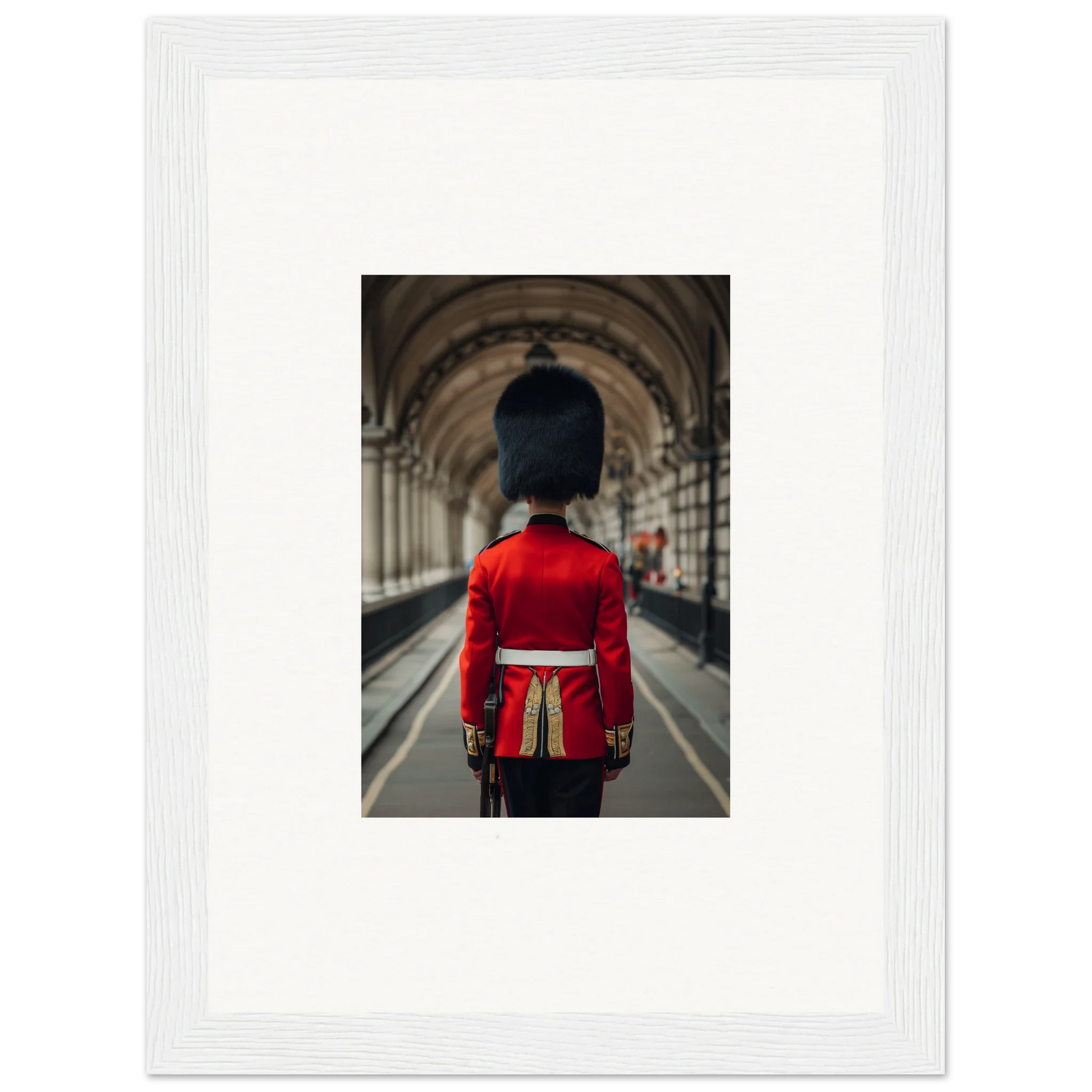 Royal guard in red uniform and bearskin hat featured in Scarlet Temporal Century art