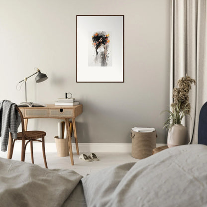 Minimalist bedroom workspace with Ethereal Echoes Blossoms framed wall art and wooden desk