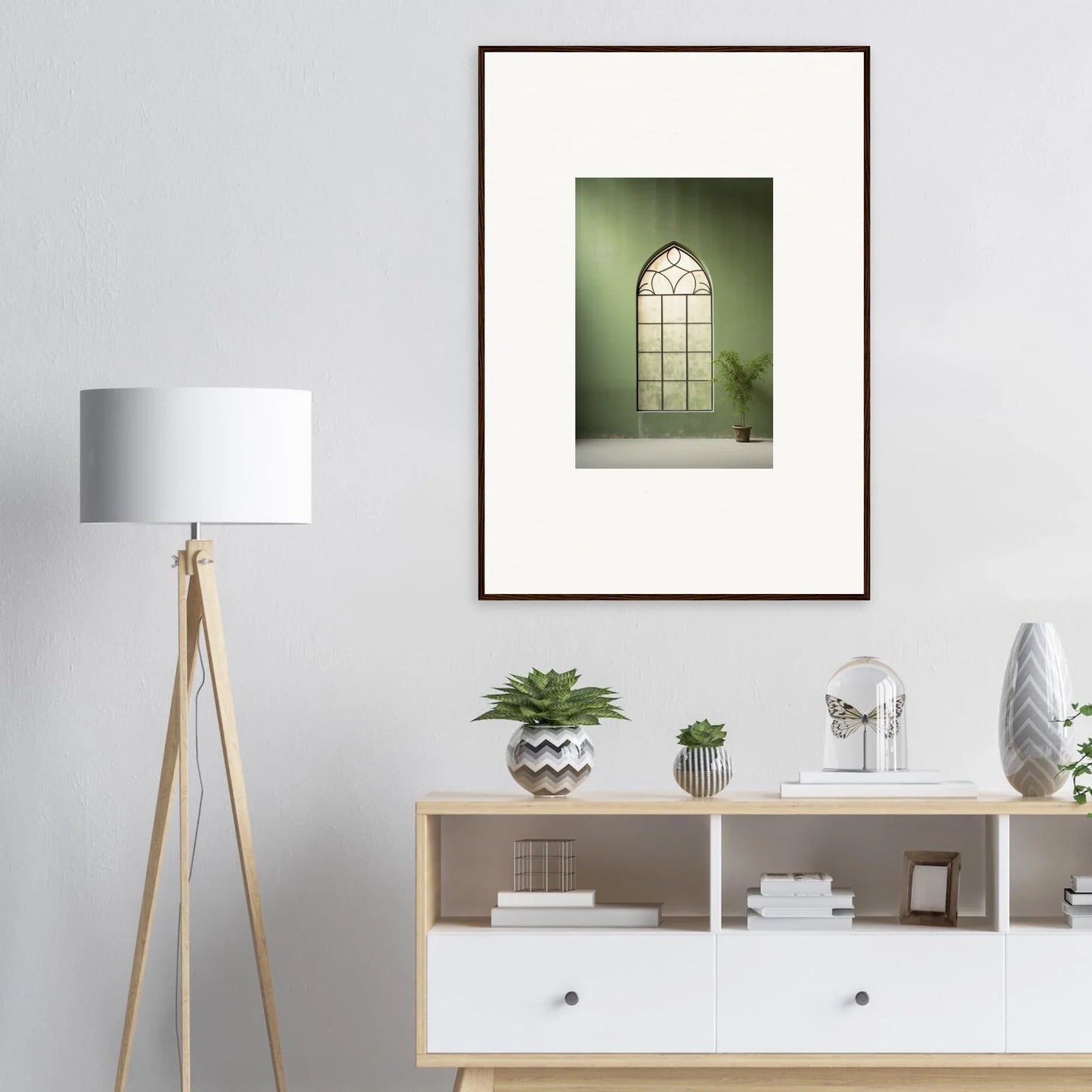 Framed Green Crescent artwork of a gothic arched window in a green-tinted vibe