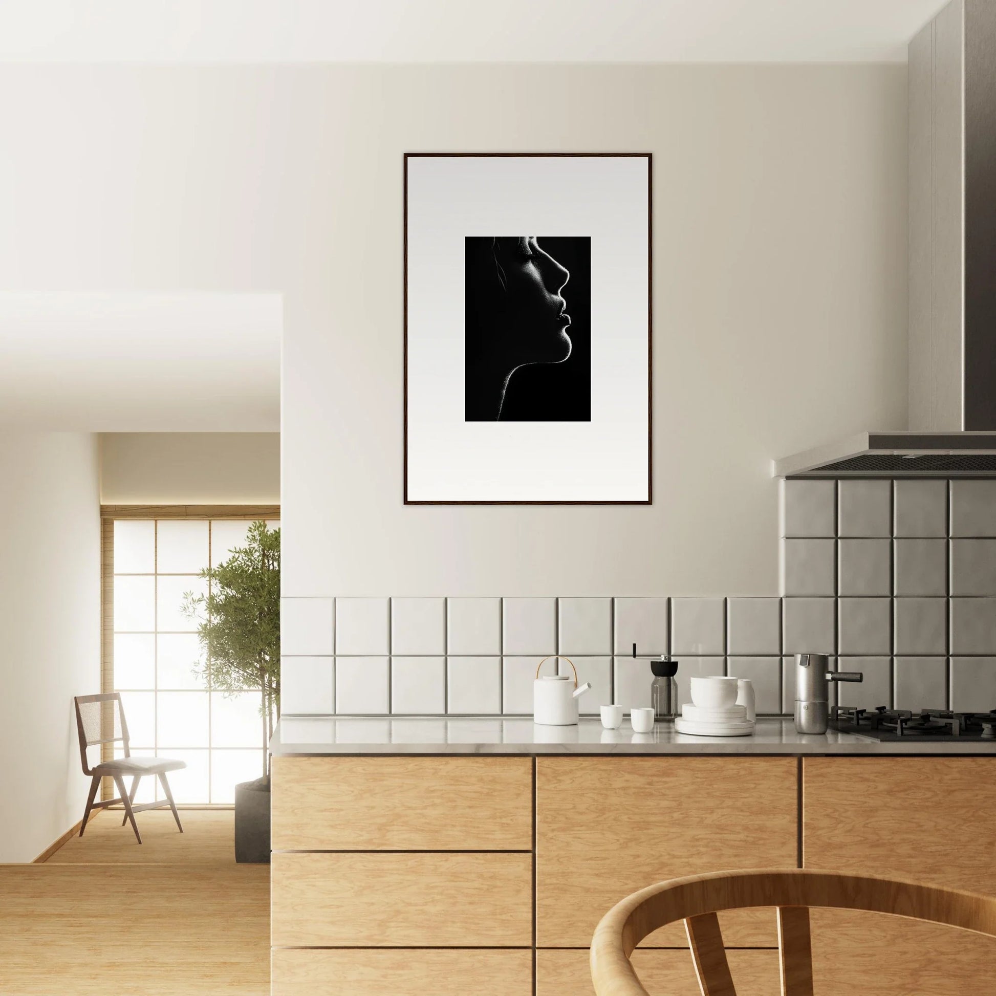 Minimalist black and white silhouette in Velvet Void Sensation framed wall art