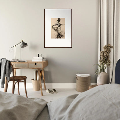 Minimalist bedroom workspace with a wooden desk and Ephemeral Motion Whispers art