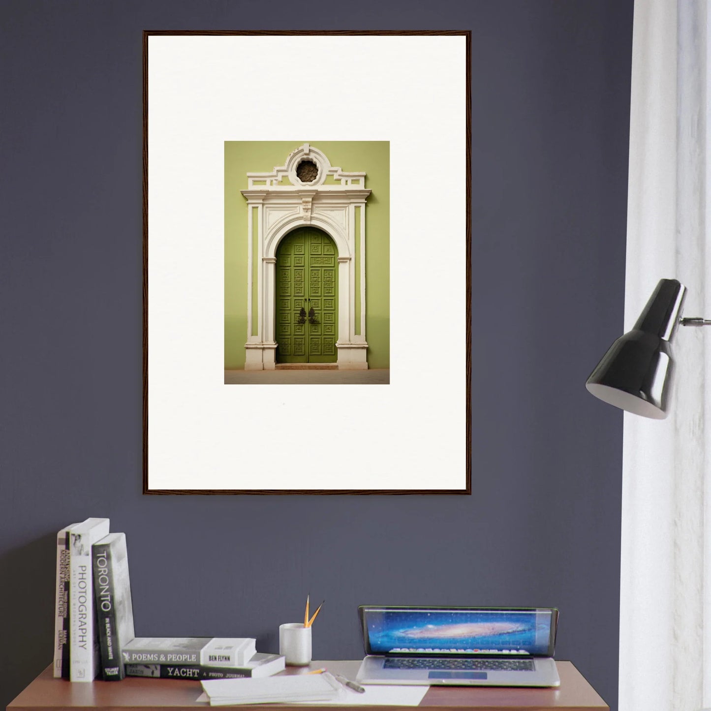 Ornate green wooden door with white stone arch, part of Verdant Sentry Whispers art™