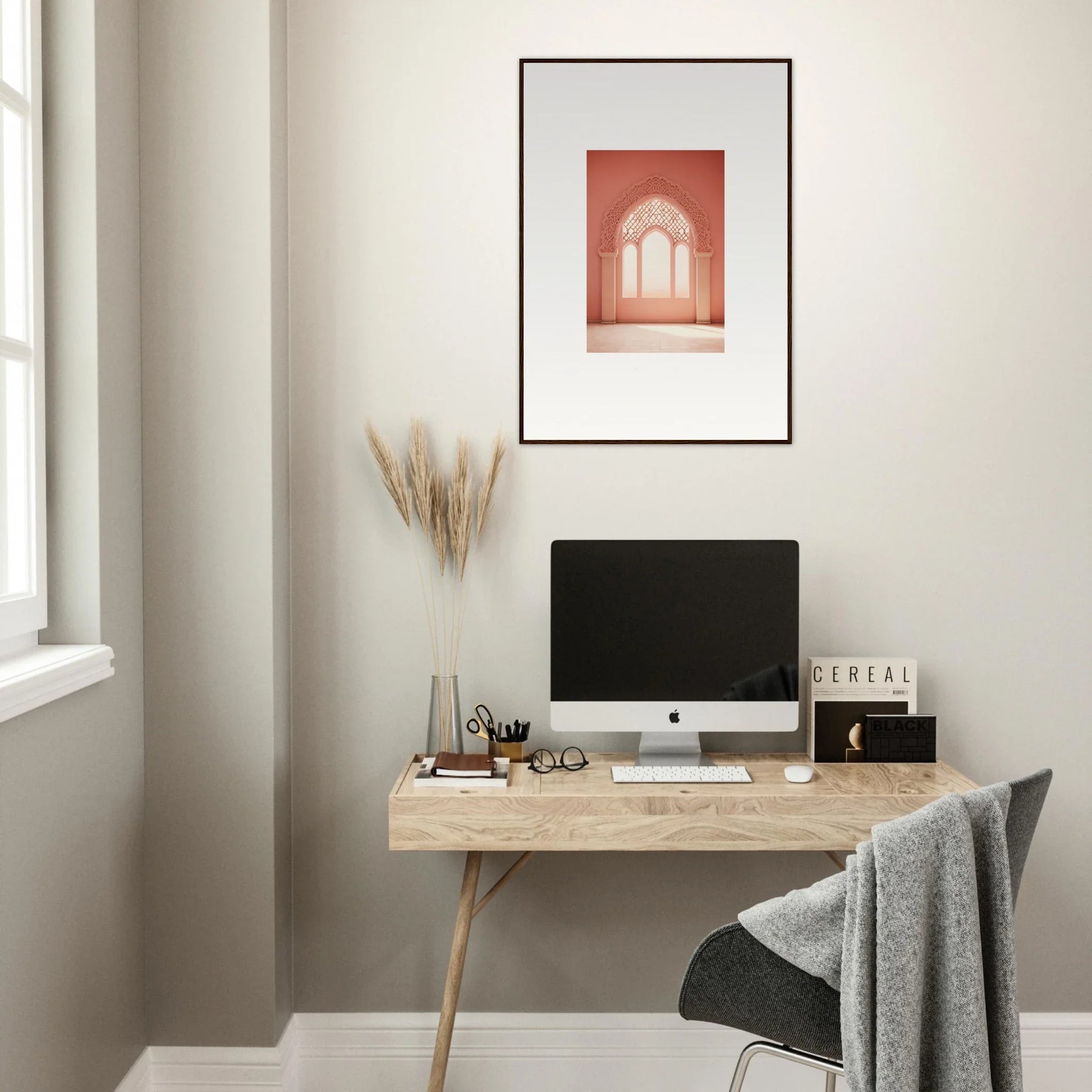 Minimalist wooden desk with iMac and Versaille Sunset Reimagined framed wall art