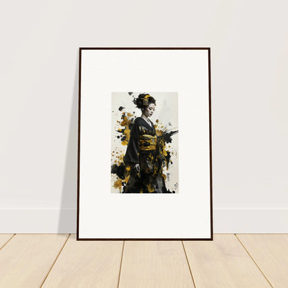 Framed artistic print of a figure in kimono with gold splashes, a special edition art™ piece