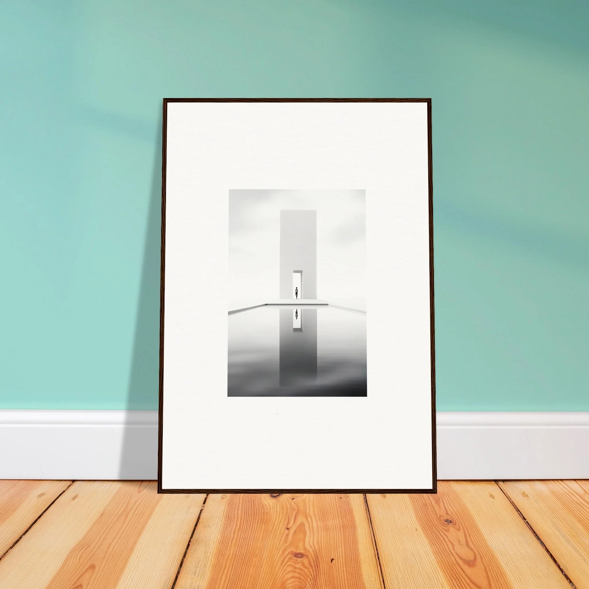 Framed black and white minimalist lighthouse photo for Dreamer’s Vanishing Silhouette