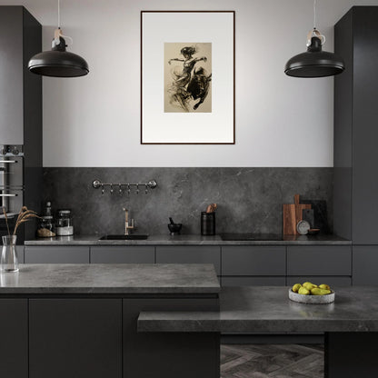 Modern dark gray kitchen featuring Resilient Dancer Flame framed wall art and pendant lights