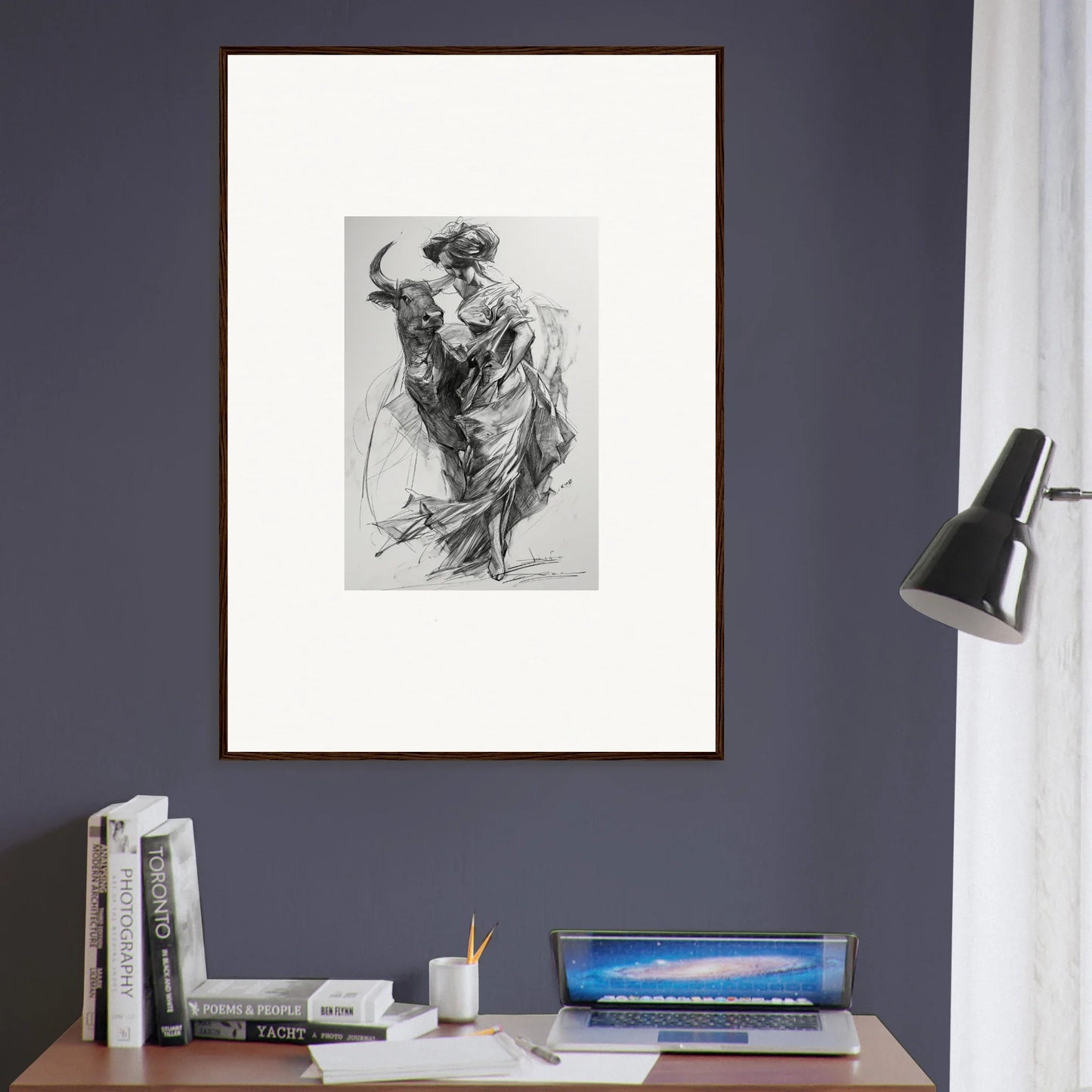 Framed black and white sketch of a matador showcasing Ebullient Abstract Liaisons art