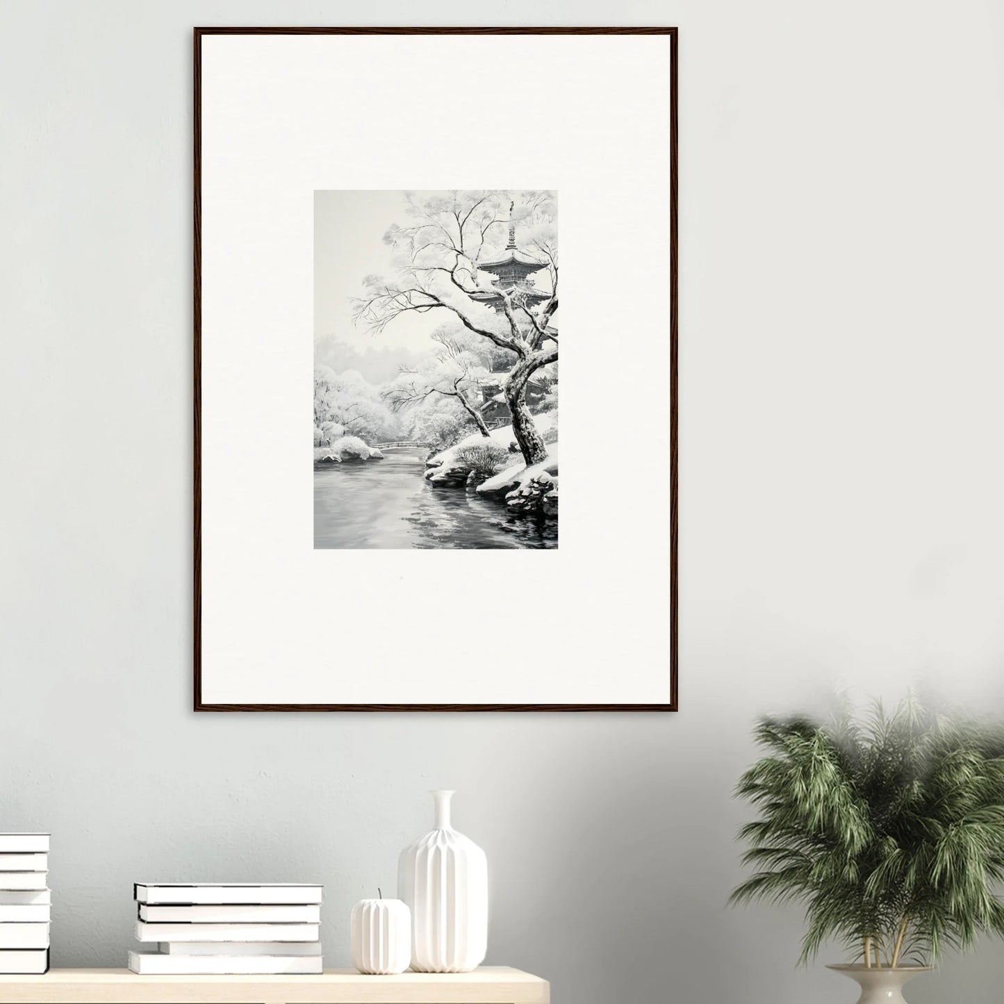 Framed wall art of a winter tree by a snowy riverbank from Timeless Snow Fables