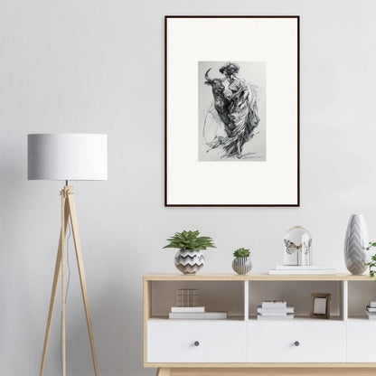 Framed black and white sketch of a figure in dramatic clothing from Sylvan Euphoria Lumia