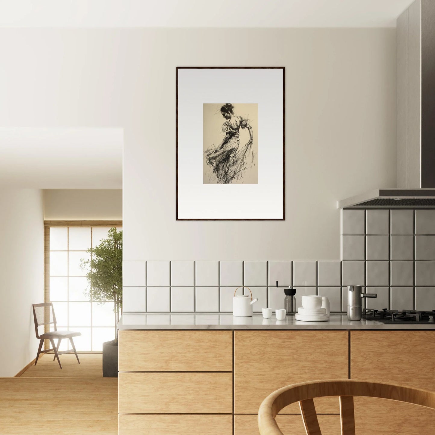 Modern kitchen with light wood cabinets and white tile backsplash in Gyroscopic Baudelo Bacon art