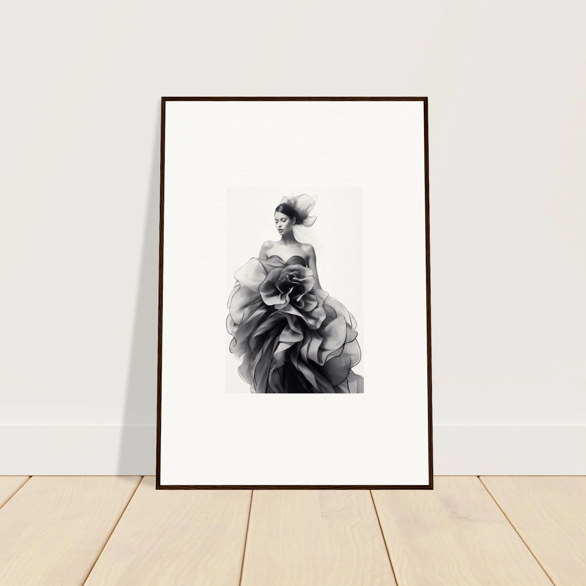 Framed black and white art of a figure in a flowing dress from Ephemeral Orchard Whispers