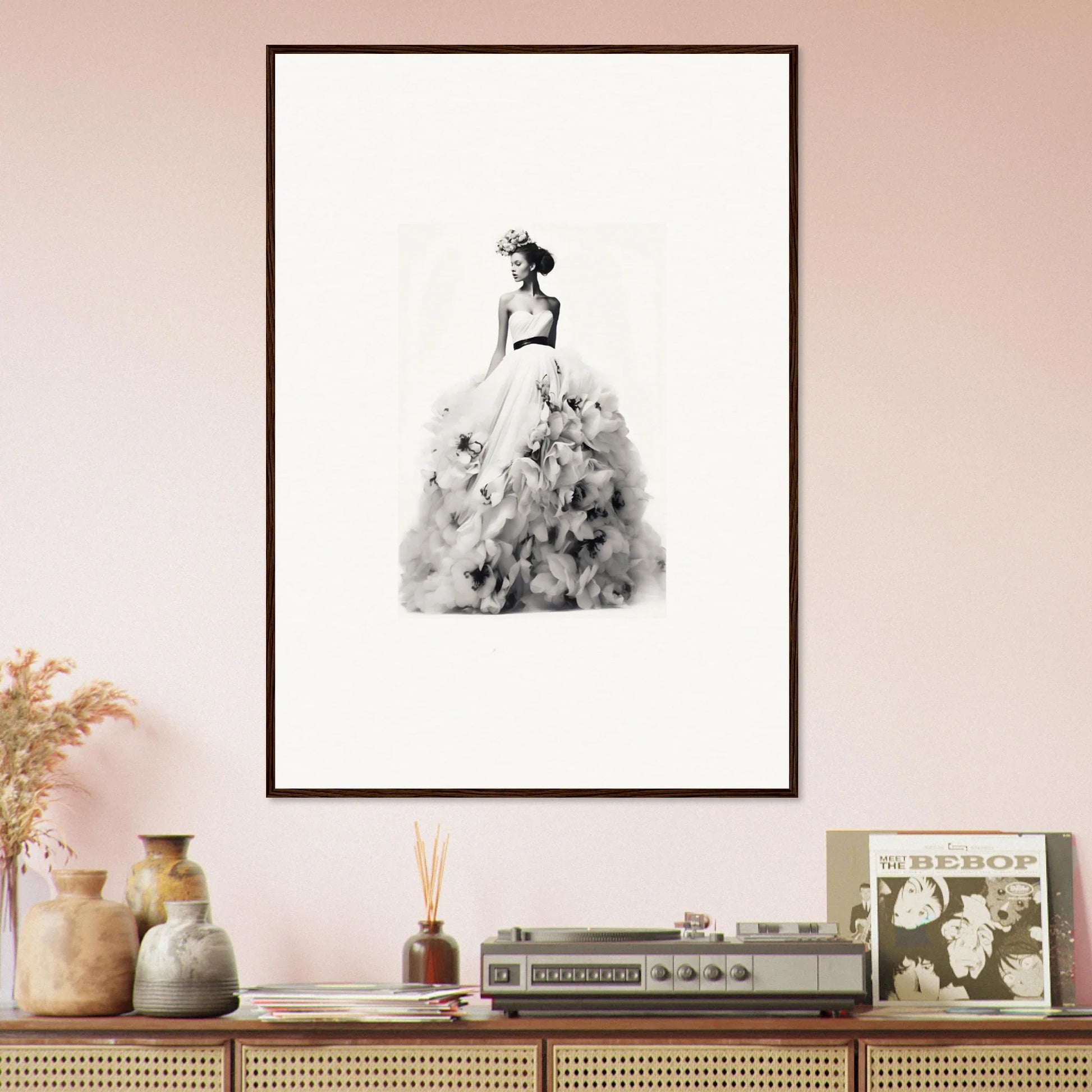 Black and white watercolor of a figure in an elegant ballgown for Dreams Bloom Eternal