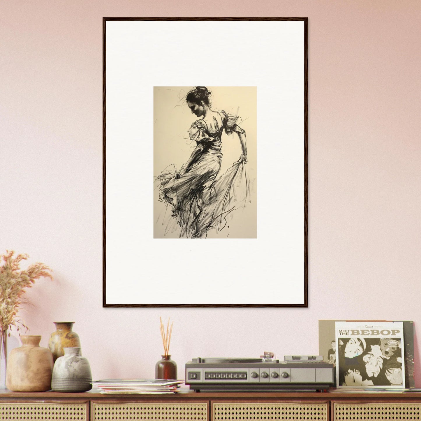 Framed wall art of a dynamic dancer sketch for Gyroscopic Baudelo Bacon special edition