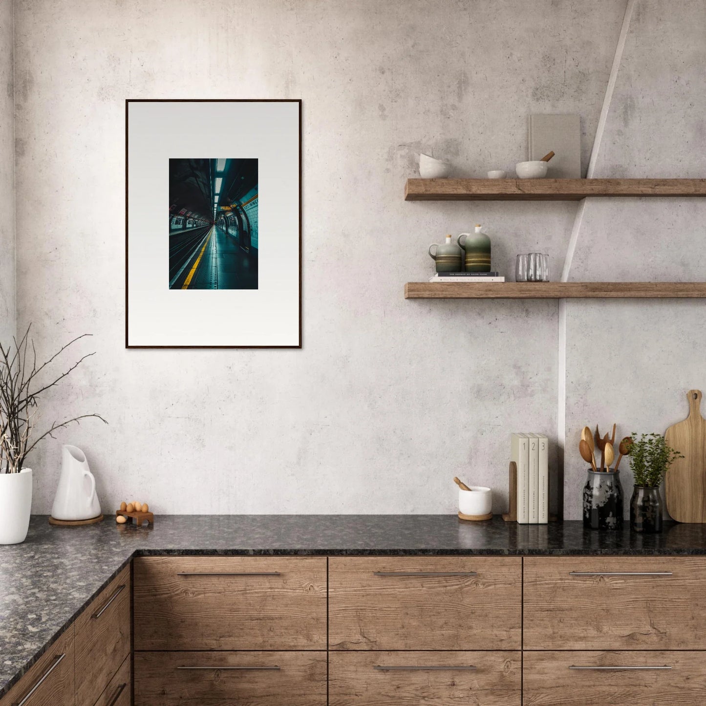 Modern kitchen with wooden cabinets and dark stone countertops for Portal Echo Anatomy premium art