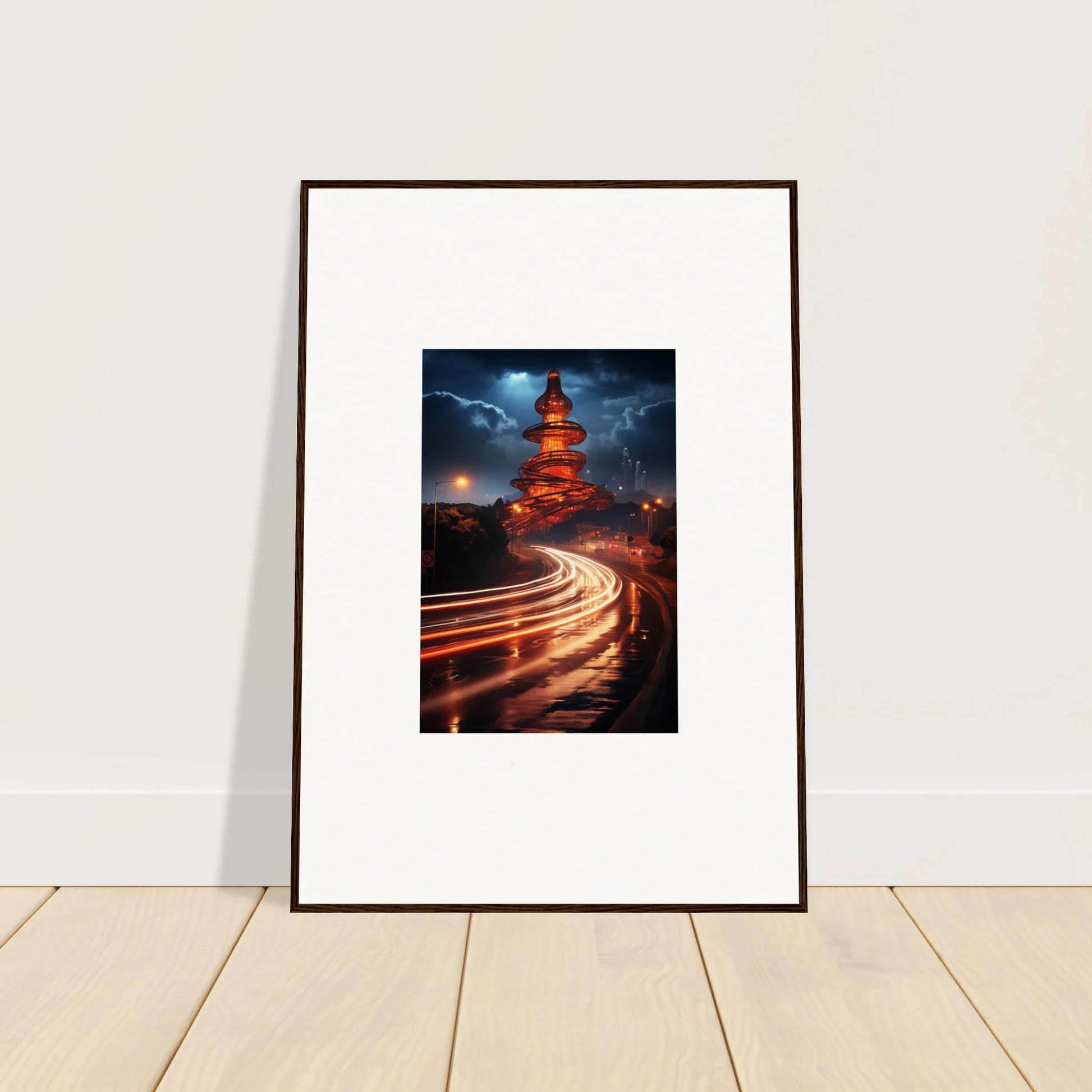 Framed photo of a pagoda at night under light trails, Hyperloop Dreams Extravaganza