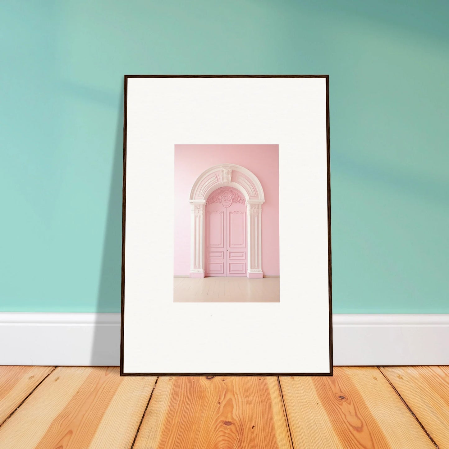 Framed wall art of Portal Fantasies Unfurled with a pink arched doorway design