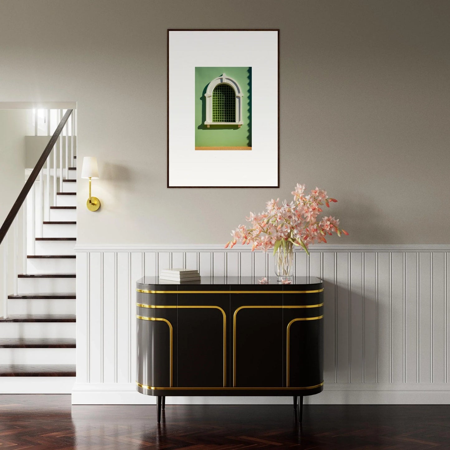 Art Deco black credenza with gold trim near Visible Equilibrium Window in special edition art