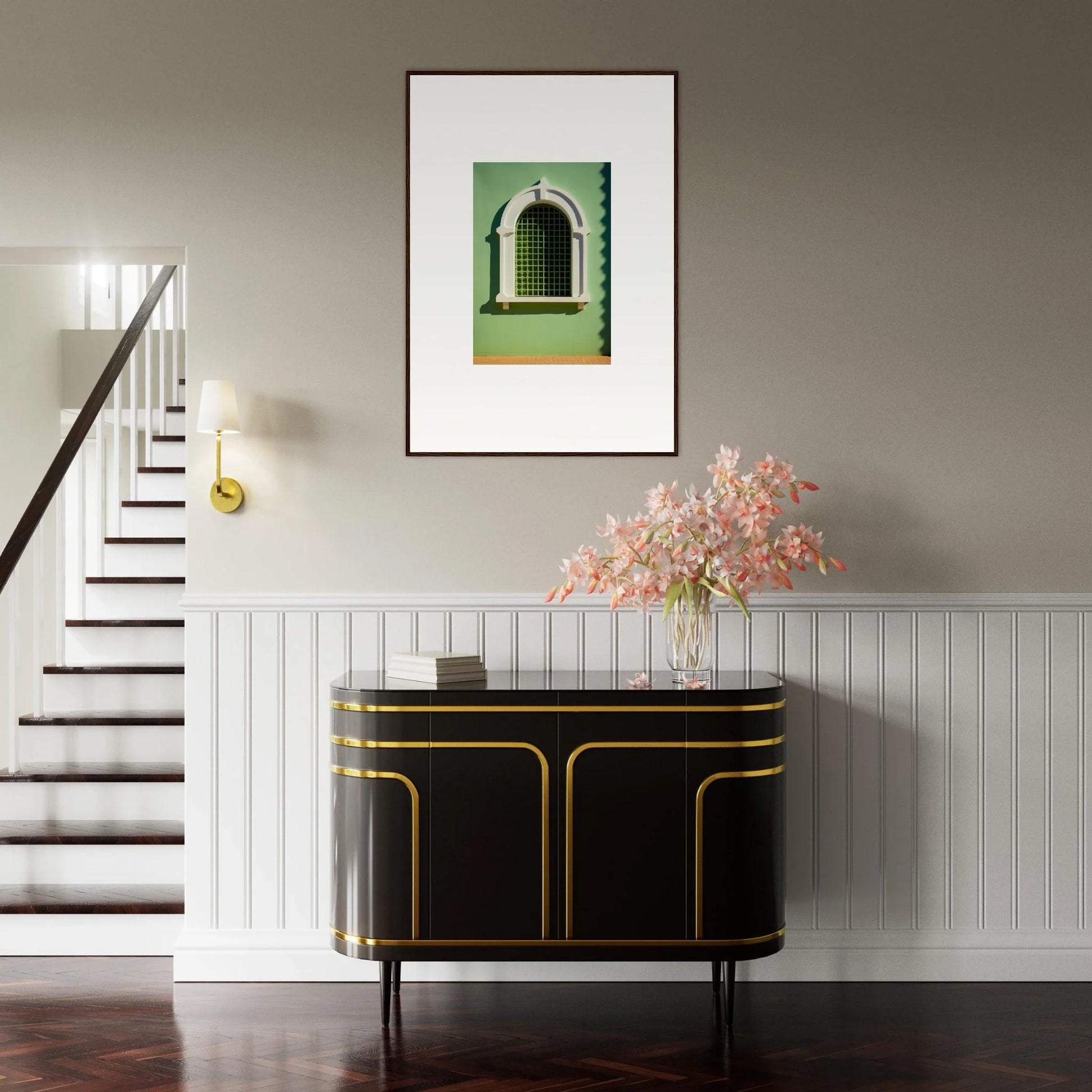 Art Deco black credenza with gold trim near Visible Equilibrium Window in special edition art