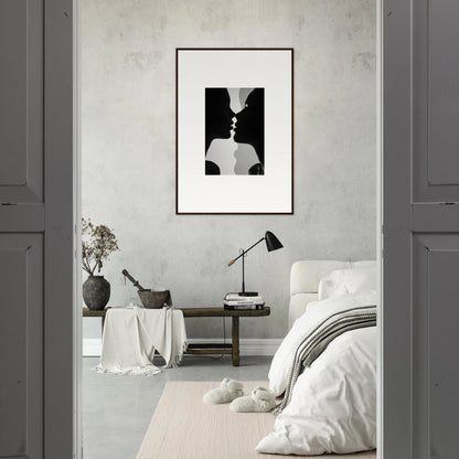 Stylish monochromatic bedroom with Nouveau Love Symphony framed wall art centerpiece