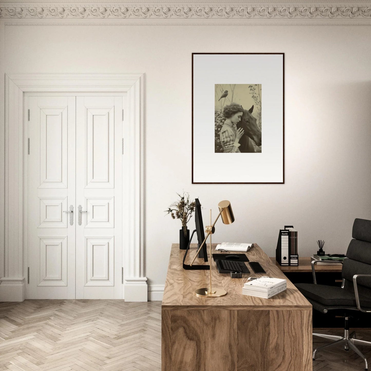 Wooden desk with a typewriter and books, perfect for room decoration and wall art