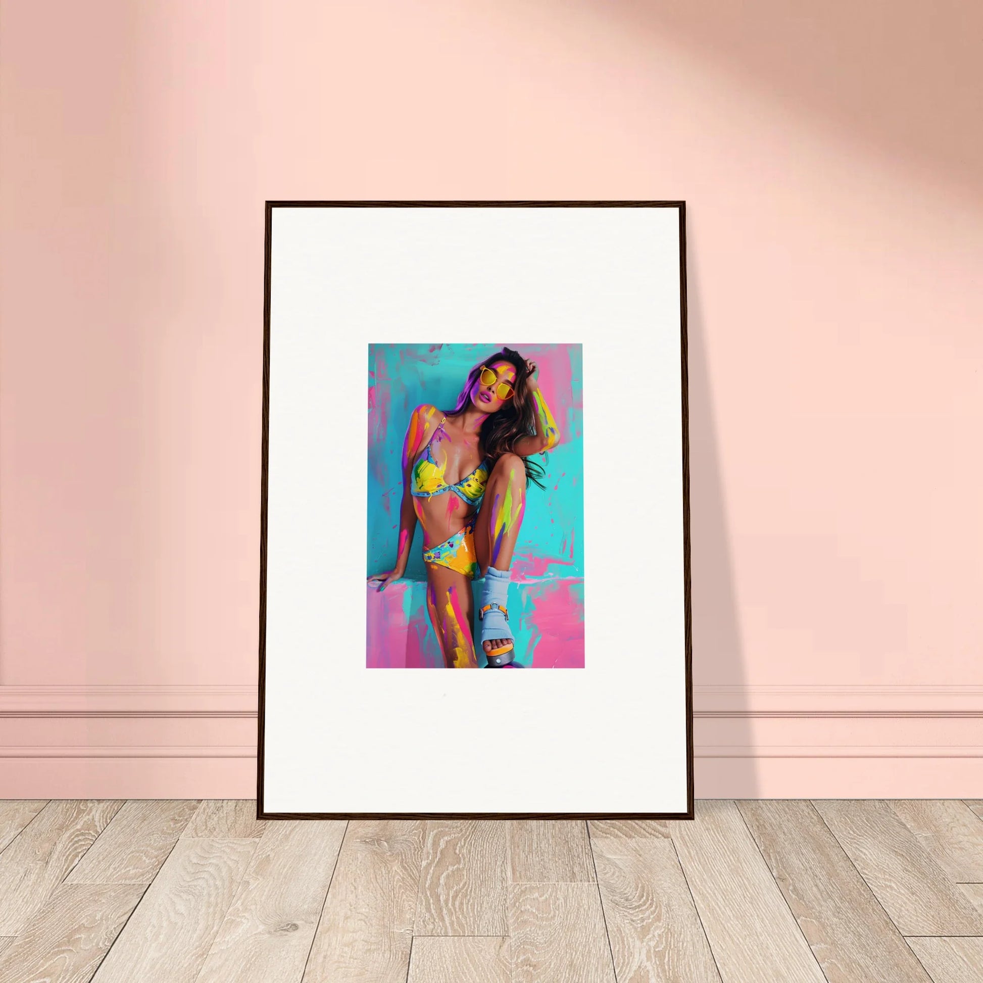 Colorful canvas print of a woman in a bikini for trendy room decoration