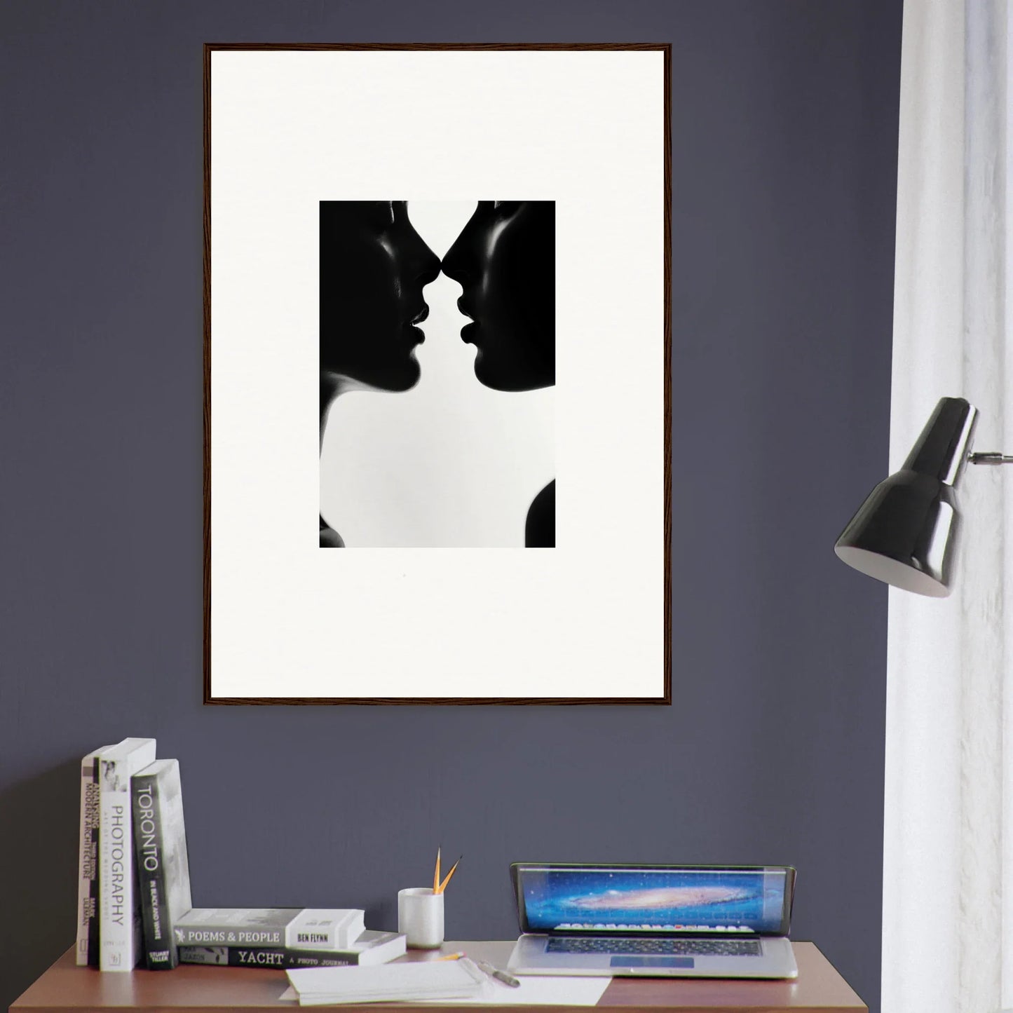 Black and white silhouette art of two profiles in Whispers Shadowdance Serenaa