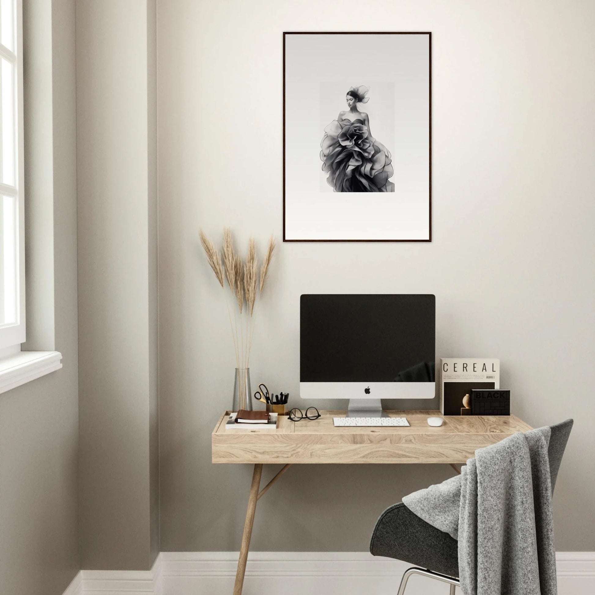 Minimalist home office with iMac and Ephemeral Orchard Whispers framed wall art