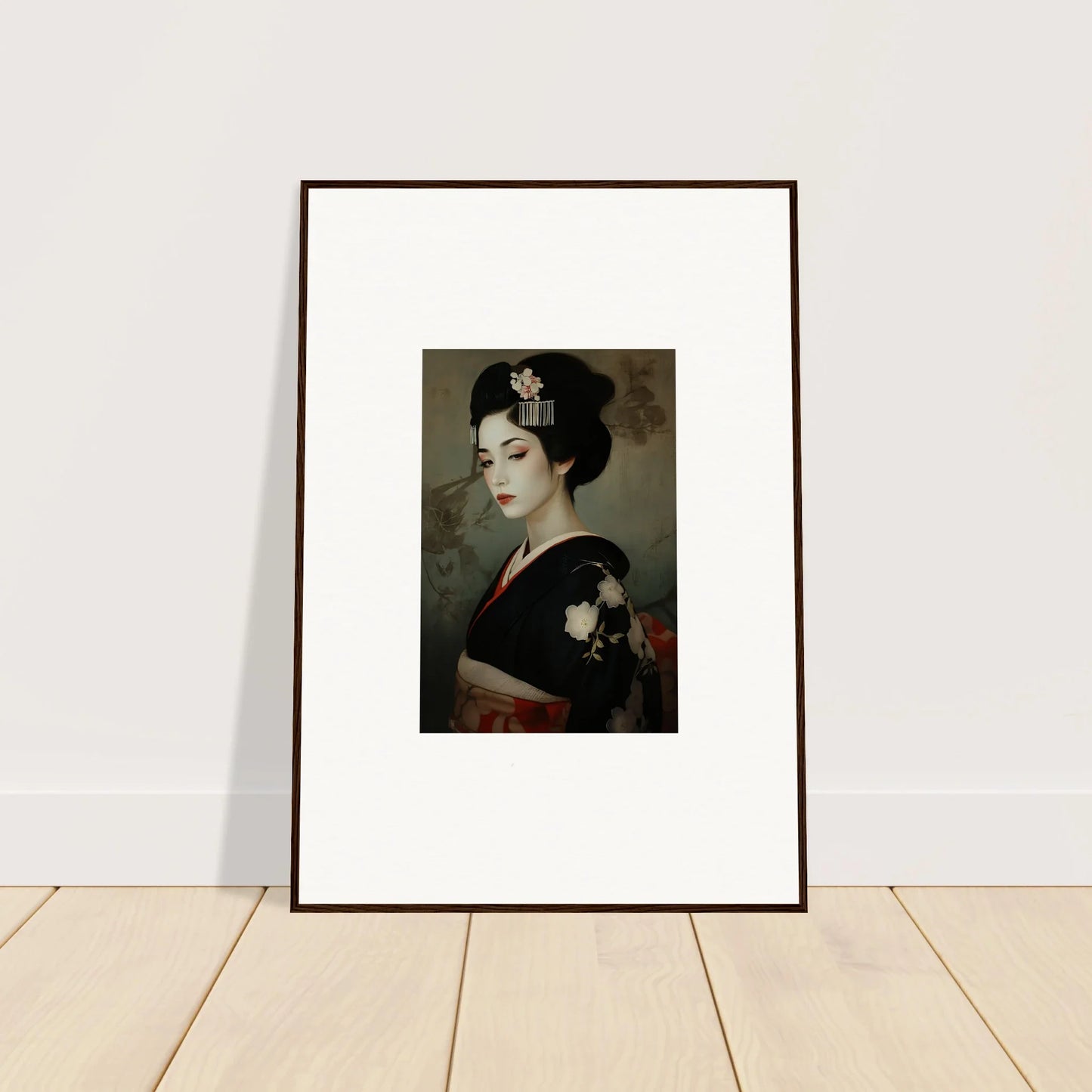 Framed black and white photograph of a geisha for Cherry Dream Surrealism art