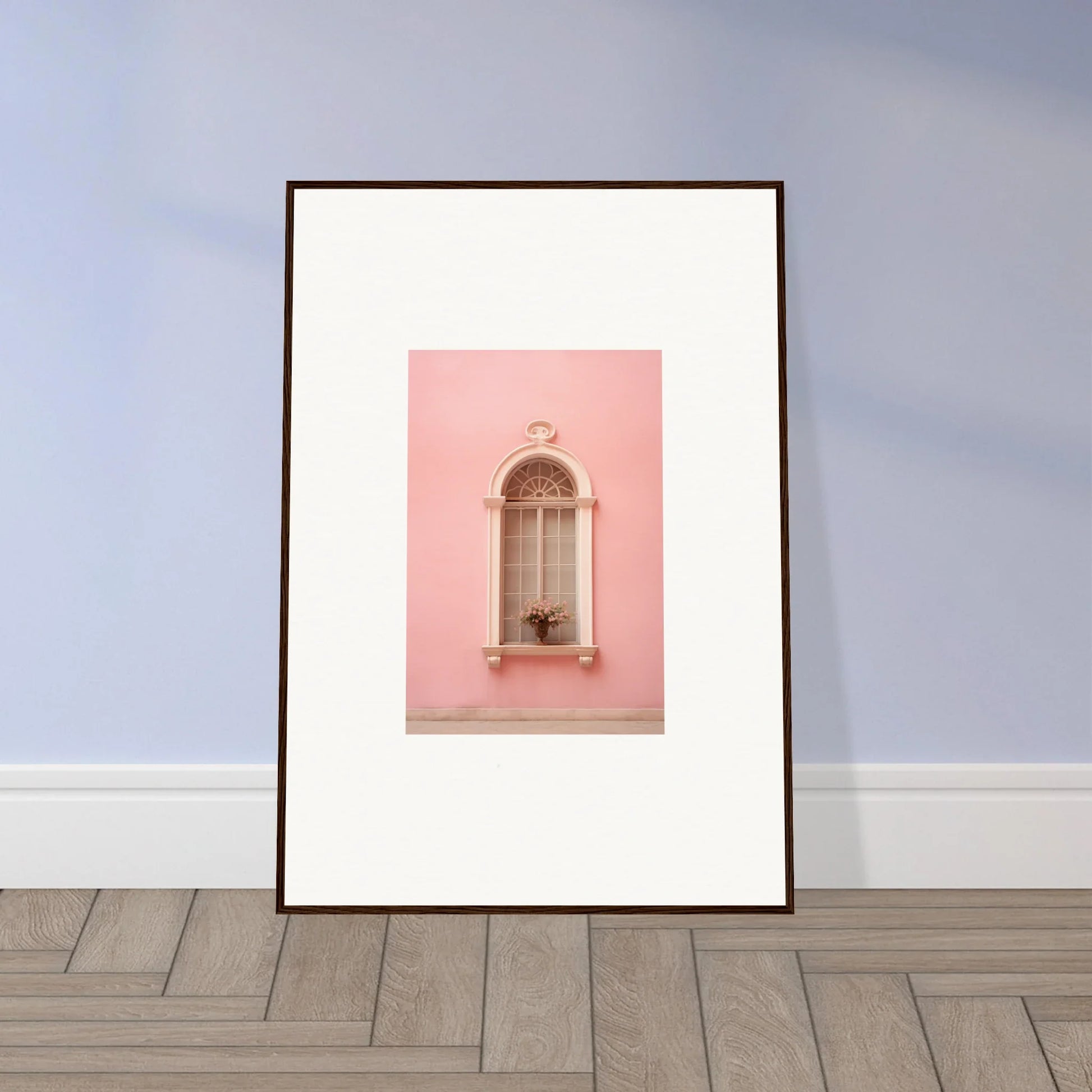 Framed wall art of arched window on a pink wall from Pinky Flora Portal collection