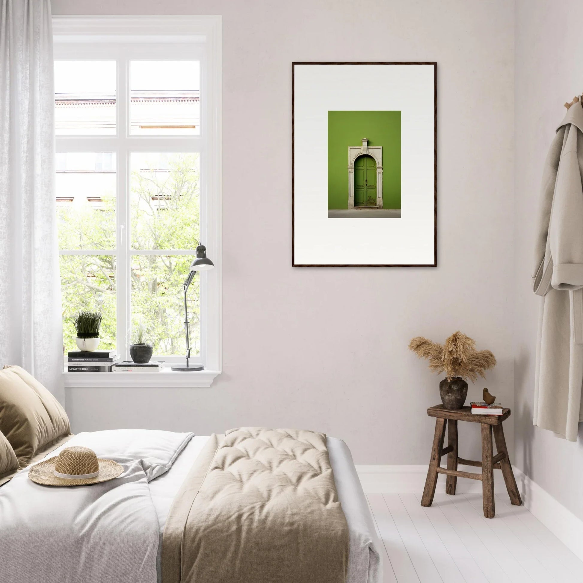 Bright minimalist bedroom with premium framed wall art from Green Origins collection