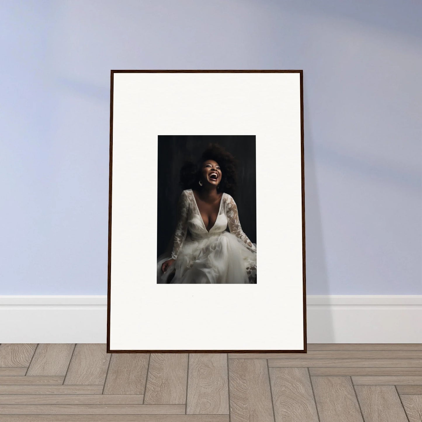 Framed black and white photo of a bride in a wedding dress for Timeless Essence Laughter