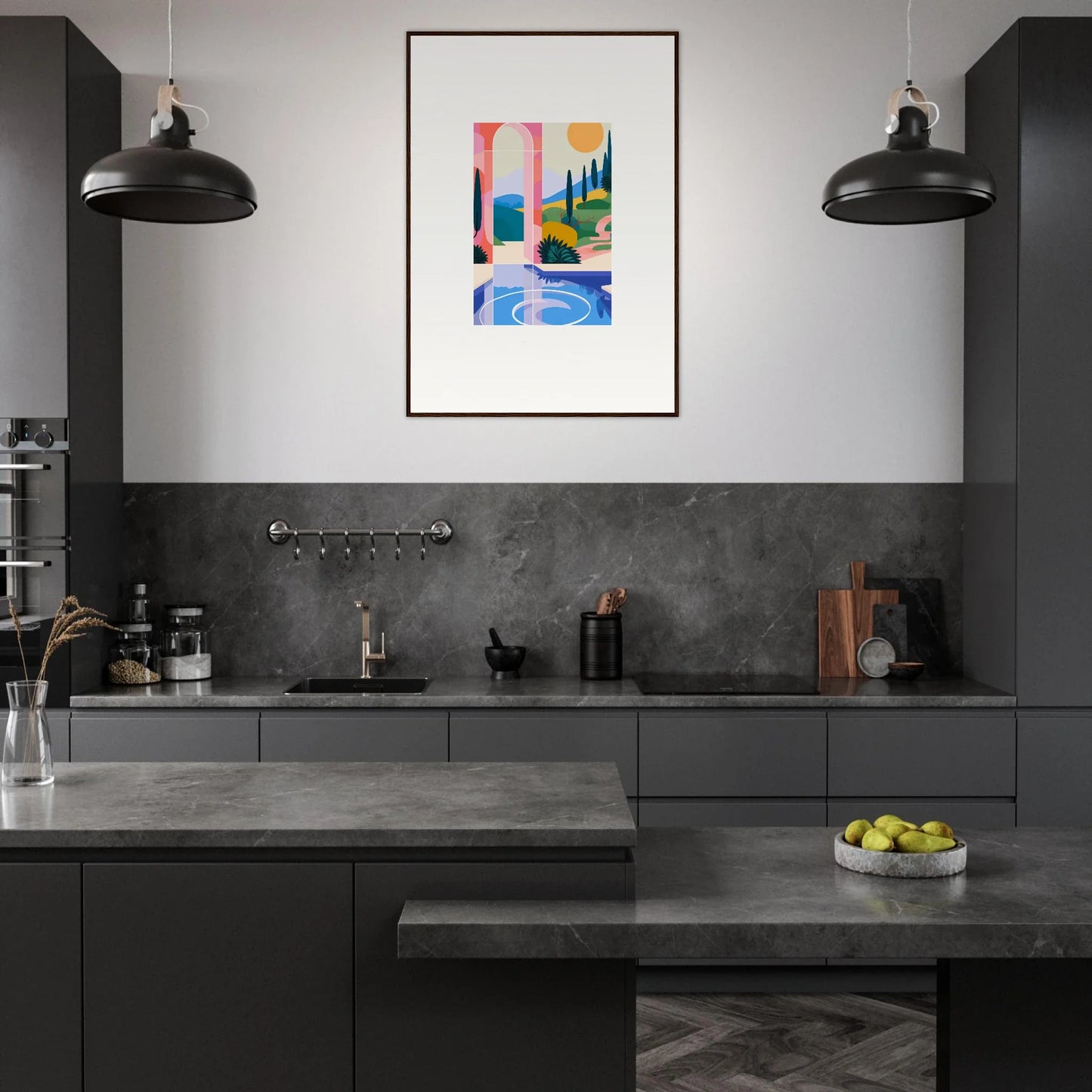 Modern kitchen with dark cabinetry, concrete countertops, and vibrant wall art in Sunlit Oasis