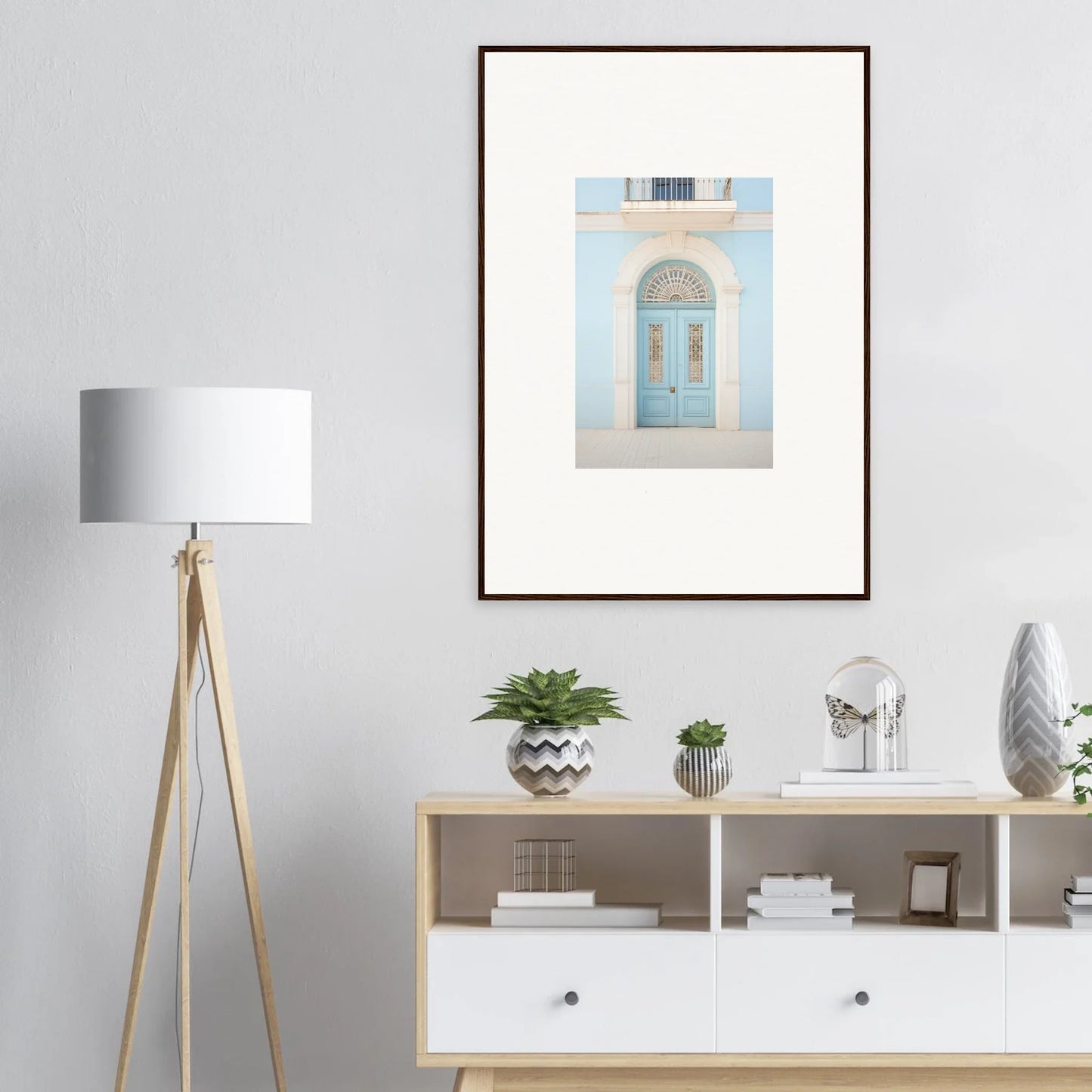 Framed wall art of a light blue vintage door from Delphinium Dream Portal collection