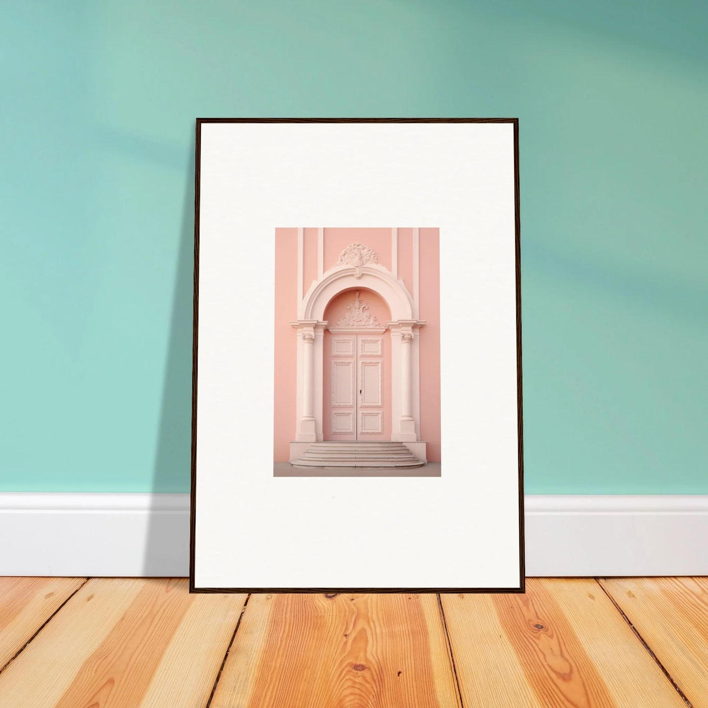 Framed art print of a pink doorway with columns from the Petal Whispers Portal collection