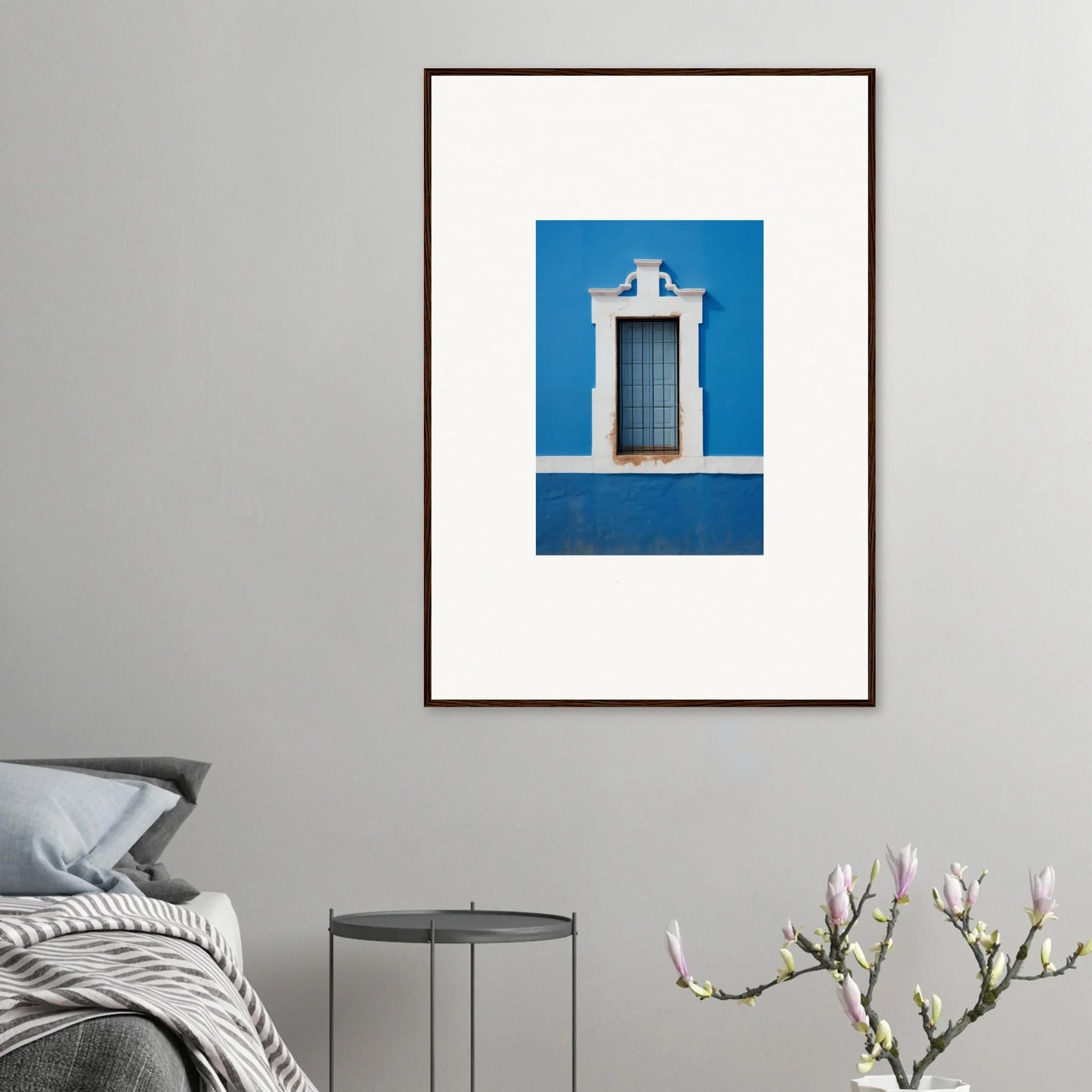 Framed wall art featuring a white-trimmed window on a vibrant blue wall from Liquid Azure Quest