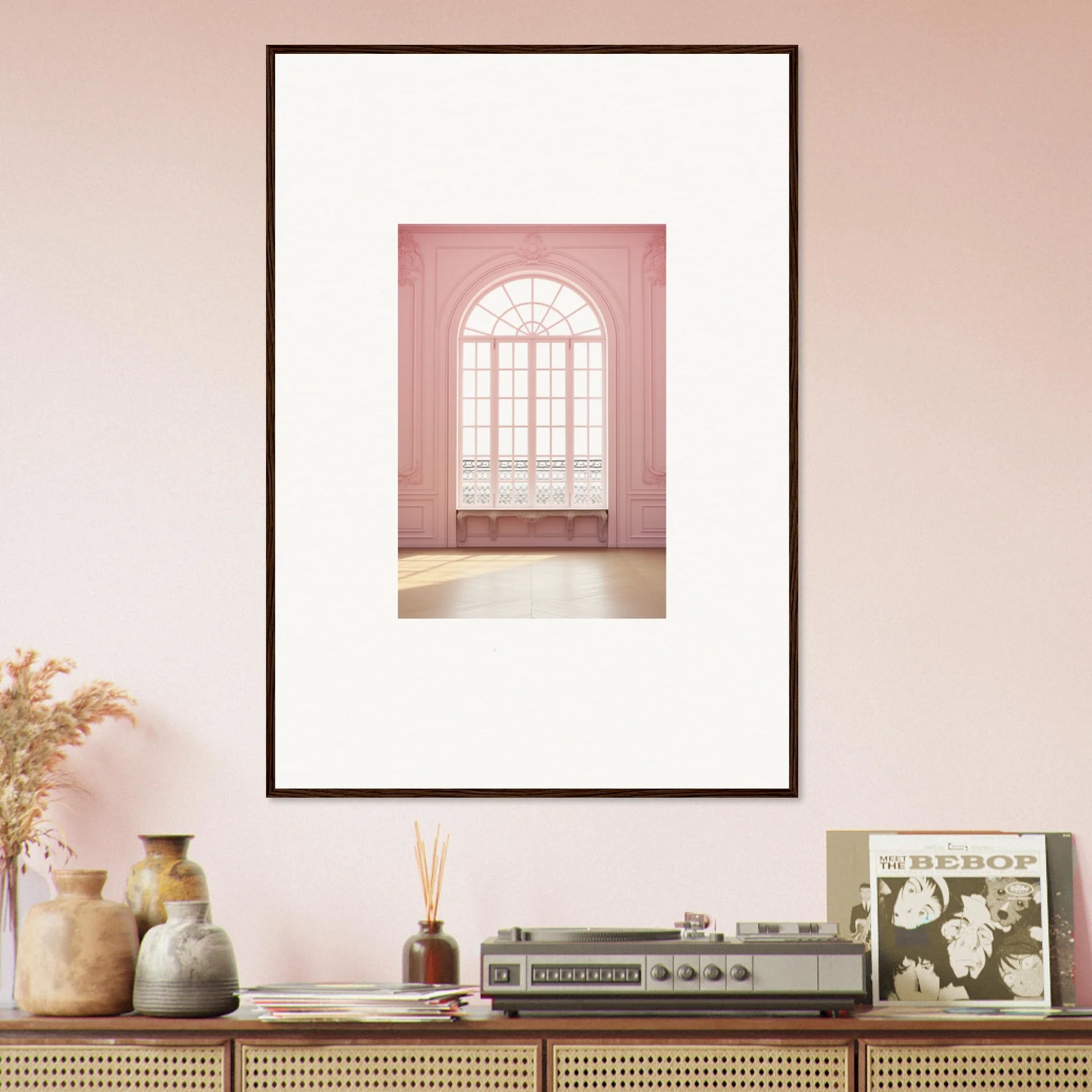 Framed wall art of an arched window on a pink wall from Ether Balcon Evolvement