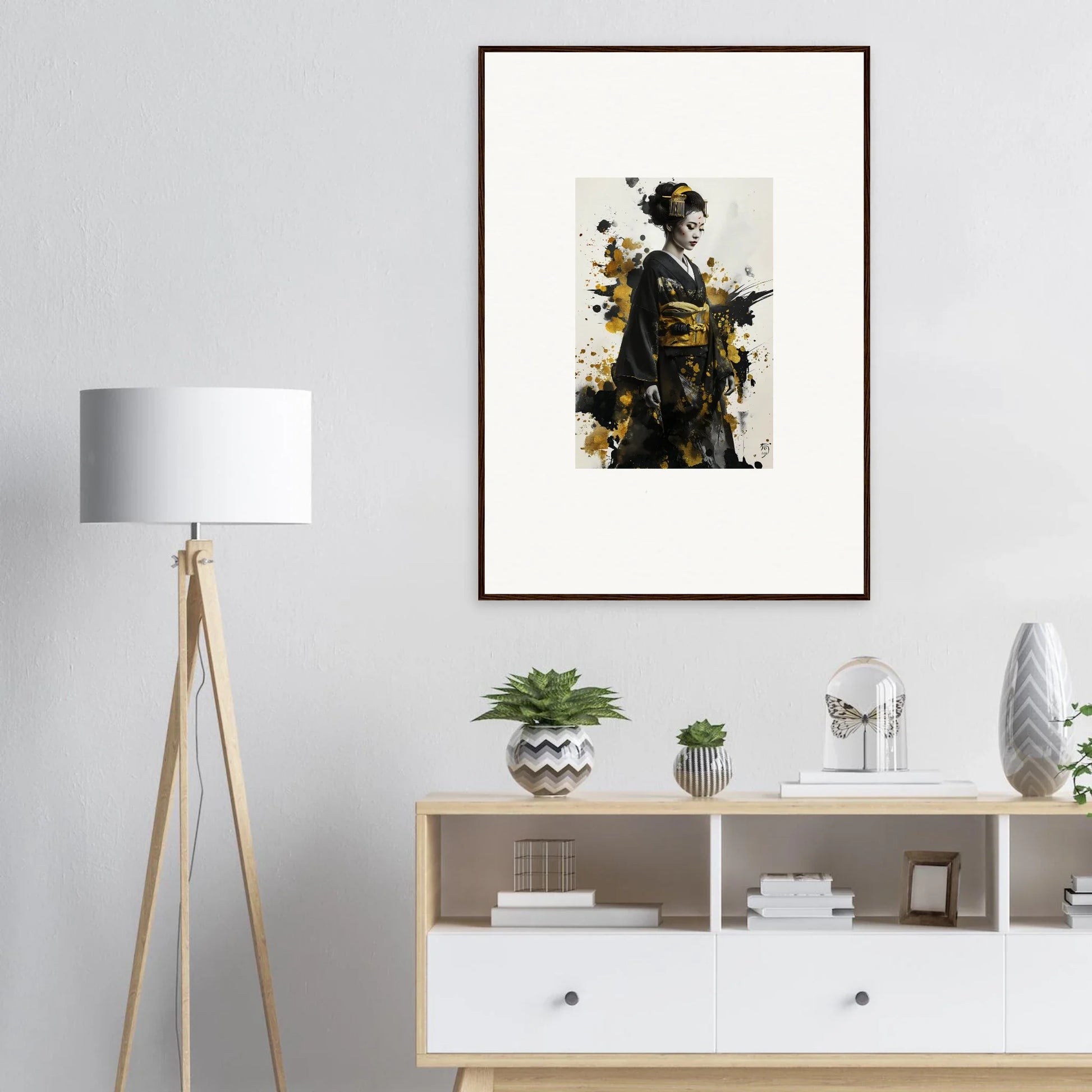 Framed watercolor military figure print with yellow accents in natural wood finish