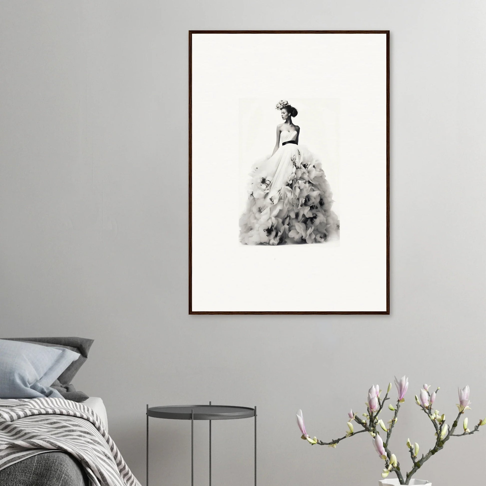 Elegant black and white watercolor figure in ballgown for Dreams Bloom Eternal framed wall art