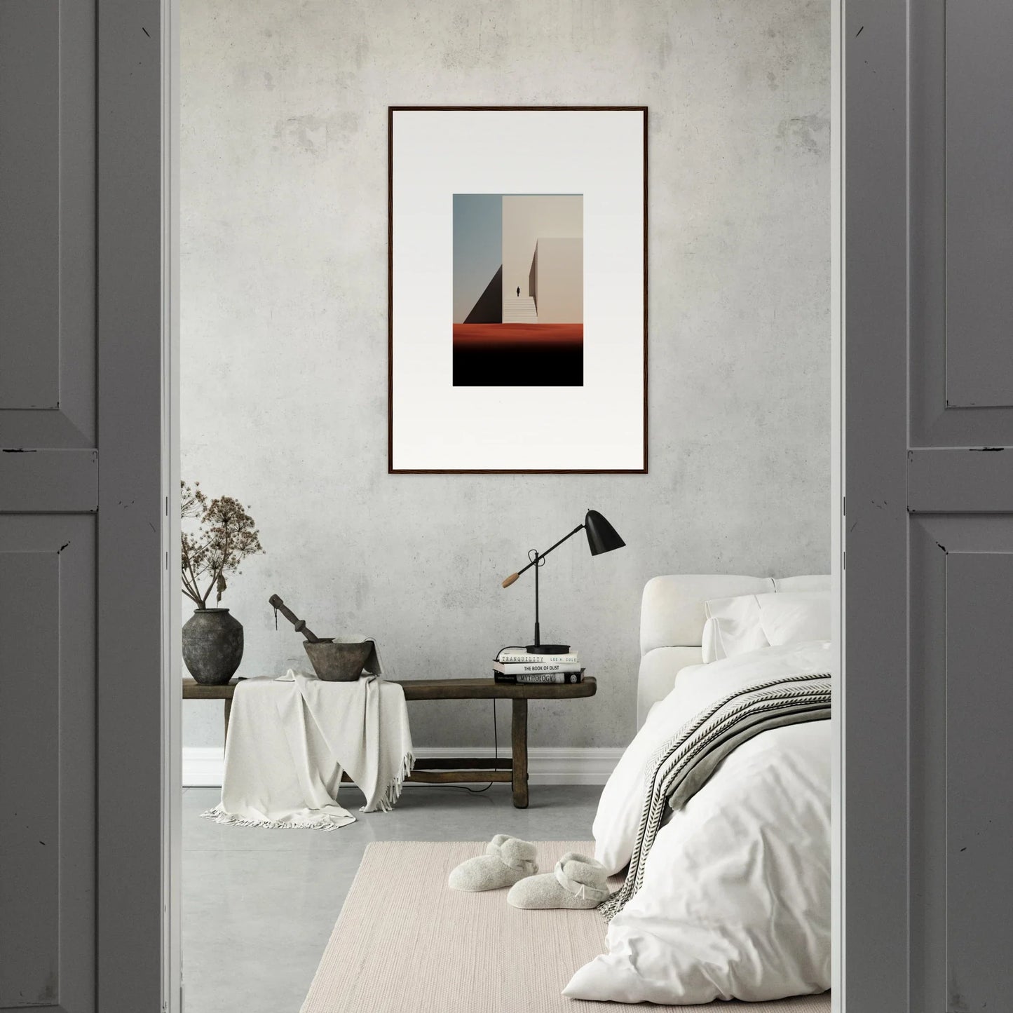 Framed minimalist artwork of a silhouetted figure in Sombra Espérante Architecture style