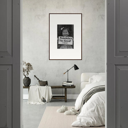 Monochromatic bedroom showcasing Innocent Memory Echoes with premium framed wall art