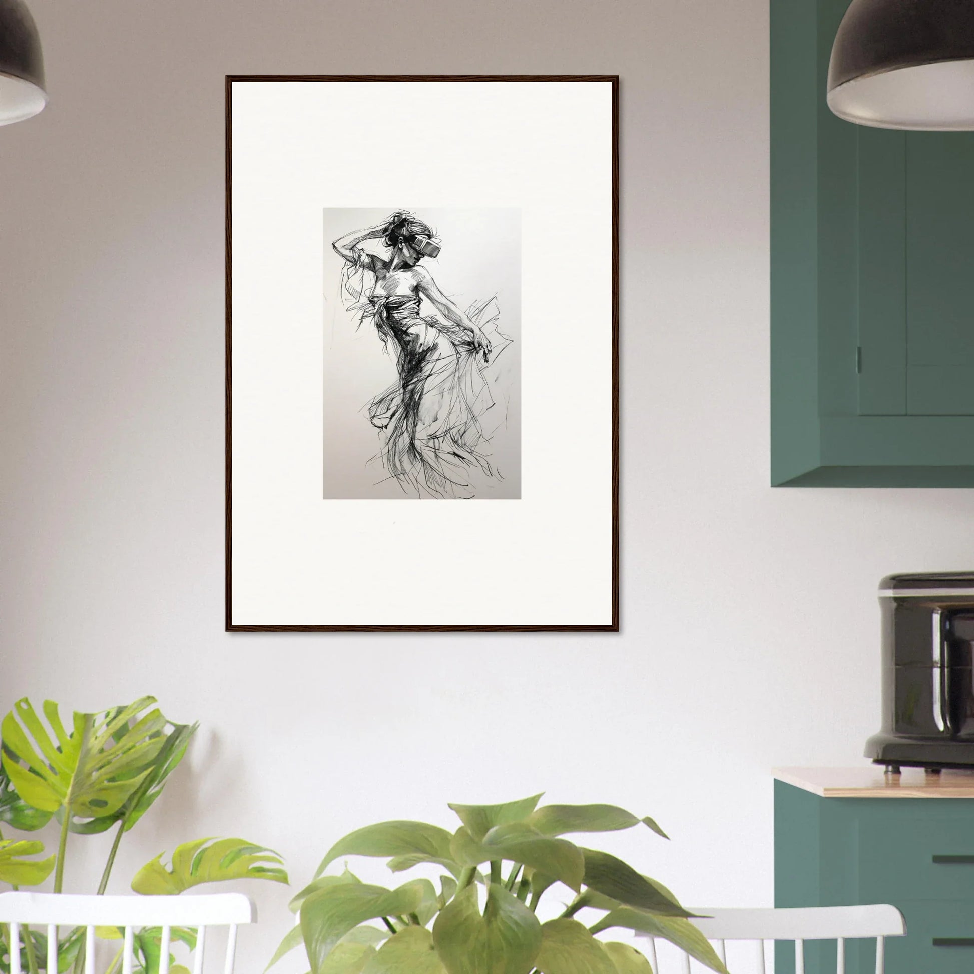 Framed black and white Virtual Grace Sketch of a dancing figure in flowing dress