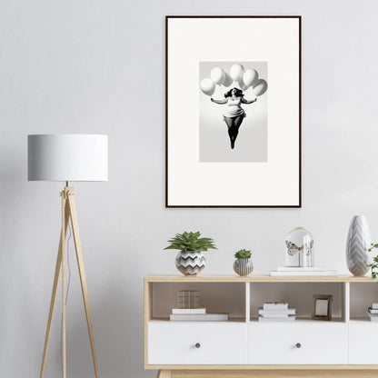 Black and white framed wall art of an ice cream cone with balloons for Rosy Liberties Soar