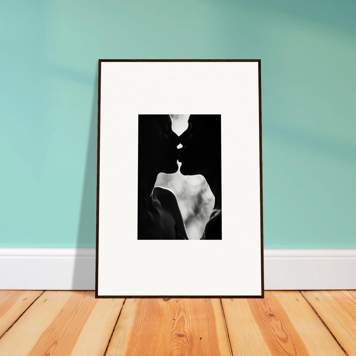 Framed wall art of Shadowy Dawn Nuance capturing a silhouetted kiss